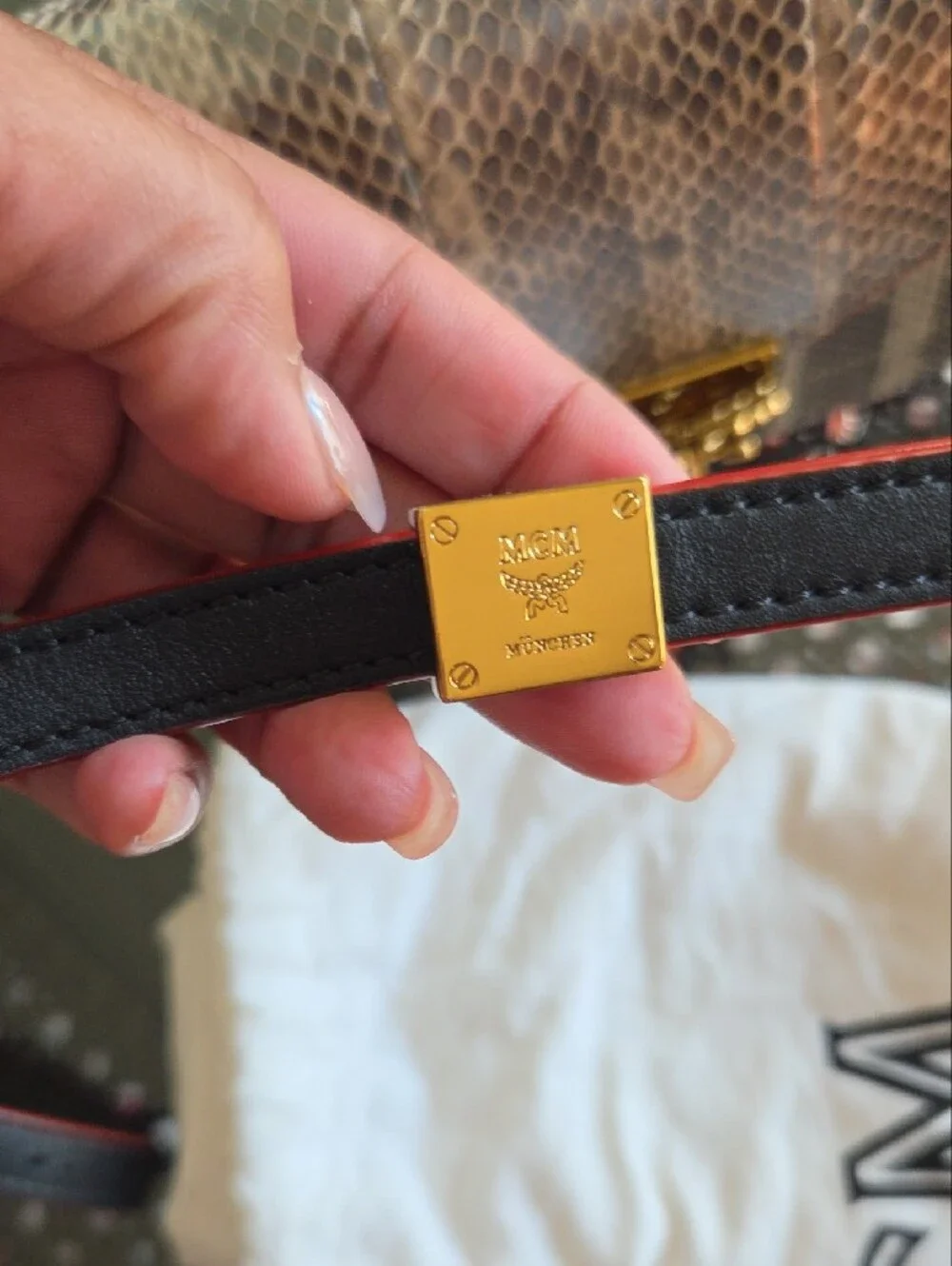 MCM Cream Python-Print Leather Crossbody with Gold Hardware & Dustbag